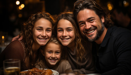 Fototapeta premium Smiling family, happiness, cheerful men and women looking at camera generated by AI