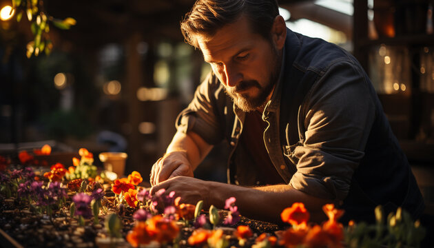 A young man, working outdoors, planting flowers with concentration generated by AI