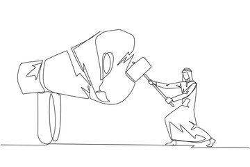 Single continuous line drawing Arabian businessman preparing to hit a big megaphone. Destroy of hoax information that damage business stability. Destroy slander. One line design vector illustration