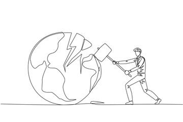 Continuous one line drawing businessman preparing to hit the big globe. Disappointed with the world. Businesses fall apart before it grow. Deepest anger. Single line draw design vector illustration