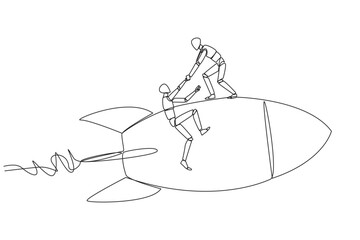 Single one line drawing robot helps colleague climb the flying rocket. Metaphor help in managing company branches. Skyrocketed like the previous business. Continuous line design graphic illustration