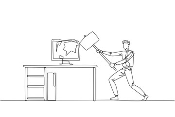 Single continuous line drawing businessman preparing to hit the computer monitor on the work desk. Stocks that don't rise. Didn't get any profit. Anger escalated. One line design vector illustration