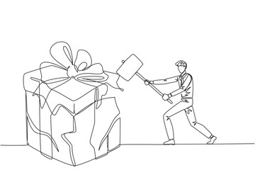 Single one line drawing businessman preparing to hit a big gift box. Businessman expresses disappointment and anger. Destroying everything in sight. Angry. Continuous line design graphic illustration