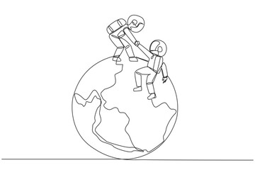 Continuous one line drawing young astronaut helps colleague climb big globe. Metaphor of reaching top of the world through increasing business. Teamwork. Single line draw design vector illustration