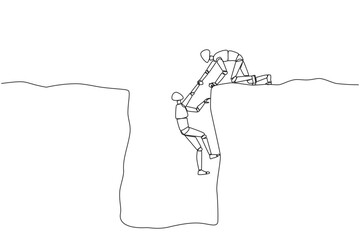 Single one line drawing smart robotic helps colleague climbing a wide hole. Teamwork helps colleague who fallen. Inviting success together. Cohesive AI. Continuous line design graphic illustration