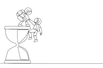 Continuous one line drawing young astronaut helps colleague climb big hourglass. Have many assignment deadlines. Sharing with colleague will become easier. Single line draw design vector illustration