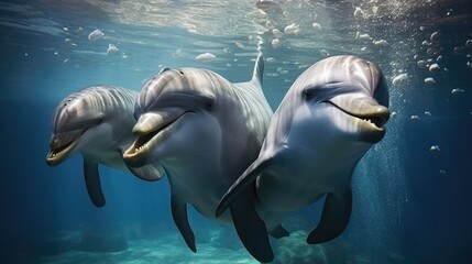 Close-up view of three playful dolphins gliding through turquoise waters
