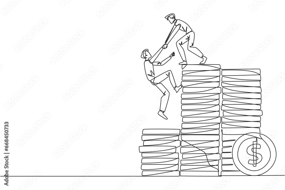 Wall mural continuous one line drawing businessman helps colleague climb pile of coins. metaphors help achieve 