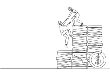 Continuous one line drawing businesswoman helps colleague climb pile of coins. Metaphors help achieve financial target before entering retirement. Teamwork. Single line draw design vector illustration