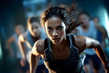 Naklejka premium a woman leading a group excercise in the gym