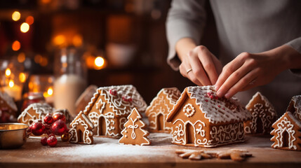 Elderly man preparing gingerbread house at home. Christmas time