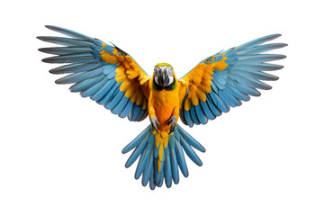 colorful blue and yellow macaw flying beautifully isolated on a transparent background. Generative AI