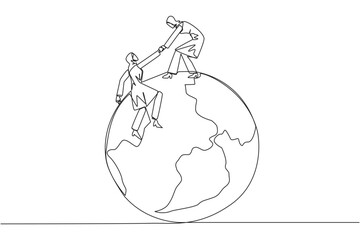 Single continuous line drawing Arabian businesswoman helps colleague climb big globe. Metaphor of reaching top of the world through increasing business. Teamwork. One line design vector illustration