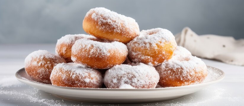 Studio shot of powdered sugar doughnuts with holes on a white plate