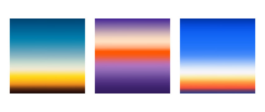 Early sunrise or late sunset colorful gradients background set. Smooth blurred wallpaper set in yellow, blue, orange, purple colors. Abstract night or evening sky horizon backdrop. Vector illustration