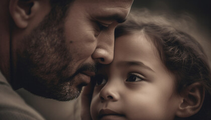 Father and son embracing, smiling with love in close up portrait generated by AI