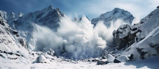Winter mountain avalanche with rocks