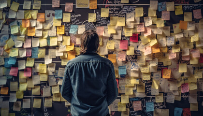 Successful businessman brainstorming new ideas with adhesive notes indoors generated by AI - obrazy, fototapety, plakaty