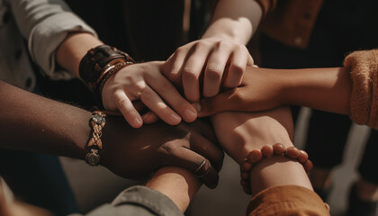 A group of young adults holding hands in unity and happiness generated by AI