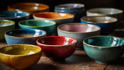 Vibrant colored pottery set in a row on wooden table generated by AI