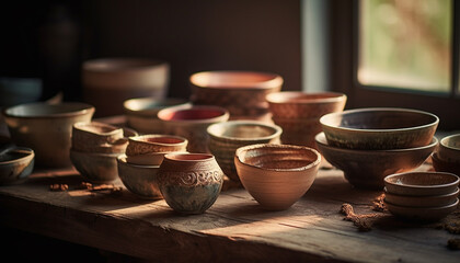 Indigenous pottery workshop creates rustic earthenware vase with intricate decoration generated by AI