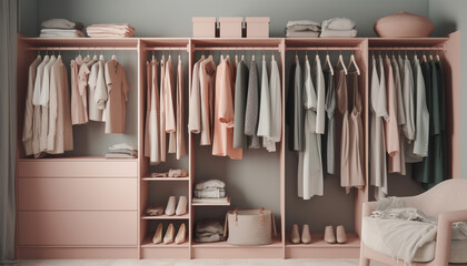 Modern fashion collection hanging in clean, elegant bedroom closet generated by AI