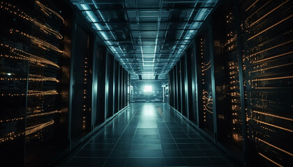Futuristic technology illuminates dark warehouse in a global communication network generated by AI