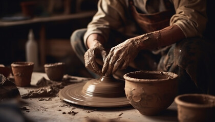 Craftsperson turning wet clay on pottery wheel, shaping homemade vase generated by AI