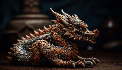 Dragon sculpture, ancient symbol of spirituality, crafted from ornate wood generated by AI