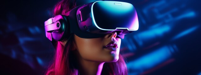 Obraz na płótnie Canvas Young woman gamer holds VR headset glasses to watch 3D 360 videos and play games in a futuristic purple neon environment, illustrating the concept of virtual and augmented reality technology. Banner.