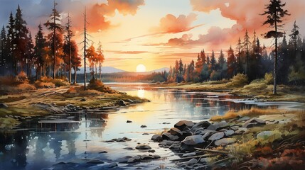 Fototapeta na wymiar ［AI生成画像］綺麗な川と森、夕方、日没11