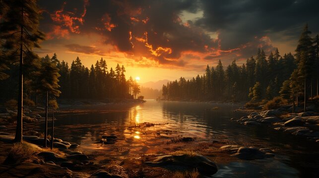 ［AI生成画像］綺麗な川と森、夕方、日没12