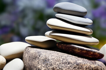 Rocks stacked in balance in a peaceful rainforest on the side of a river in a national park of Costa Rica