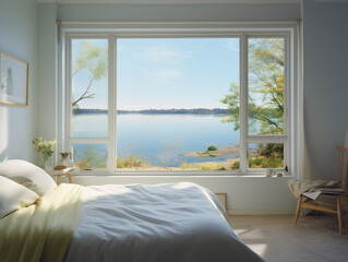 Illustration of a bedroom with a large window looking over a lake 