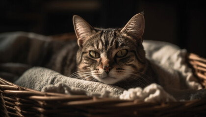 Cute kitten resting on soft pillow, looking at camera generated by AI