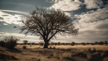 Silhouette of acacia tree on arid African savannah at dusk generated by AI