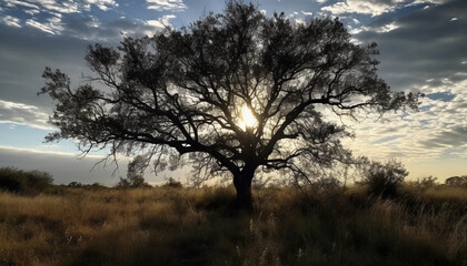 Silhouette of acacia tree, sunset paints African wilderness in orange generated by AI
