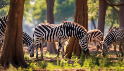 Fototapeta na wymiar Zebra herd grazing in the African savannah, surrounded by beauty generated by AI