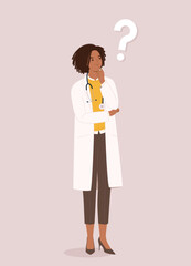 One Curious Black Female Doctor In Lab Coat And Stethoscope Standing And Thinking Question With Her Hand On Chin. Full Length.
