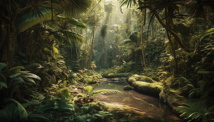 Naklejka premium Tranquil rainforest adventure lush green foliage, tropical climate, exotic animals generated by AI