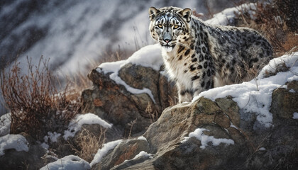 Majestic tiger walking in snow covered forest, looking at camera generated by AI