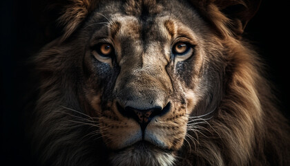 Majestic lion staring at camera, with selective focus on foreground generated by AI