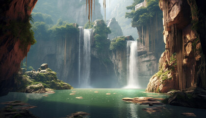Majestic waterfall flows through tropical rainforest, a nature paradise generated by AI