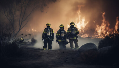 Heroes in uniform protect nature from inferno with teamwork and courage generated by AI - obrazy, fototapety, plakaty