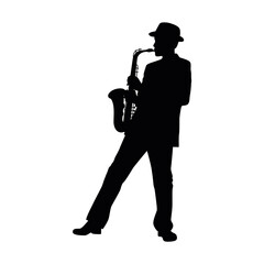 Man with saxophone silhouette, jazz musician, silhouette of saxophonist - 668455305