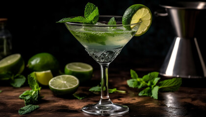 Fresh mojito cocktail with lime, mint leaf, and ice generated by AI