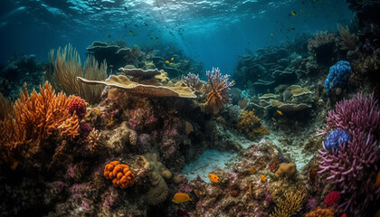 Fototapeta na wymiar Colorful aquatic animals swim in natural reef landscape underwater generated by AI