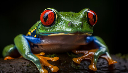 A cute red eyed tree frog sitting on a wet branch generated by AI