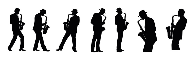 Man with saxophone silhouette, jazz musician, silhouette of saxophonist - obrazy, fototapety, plakaty