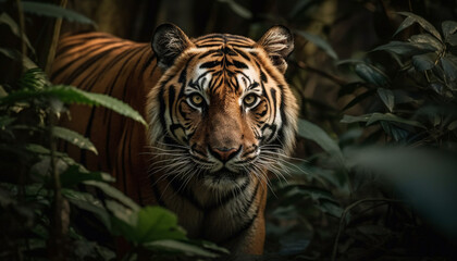 Fototapeta premium Majestic Bengal tiger staring with aggression in tropical rainforest generated by AI